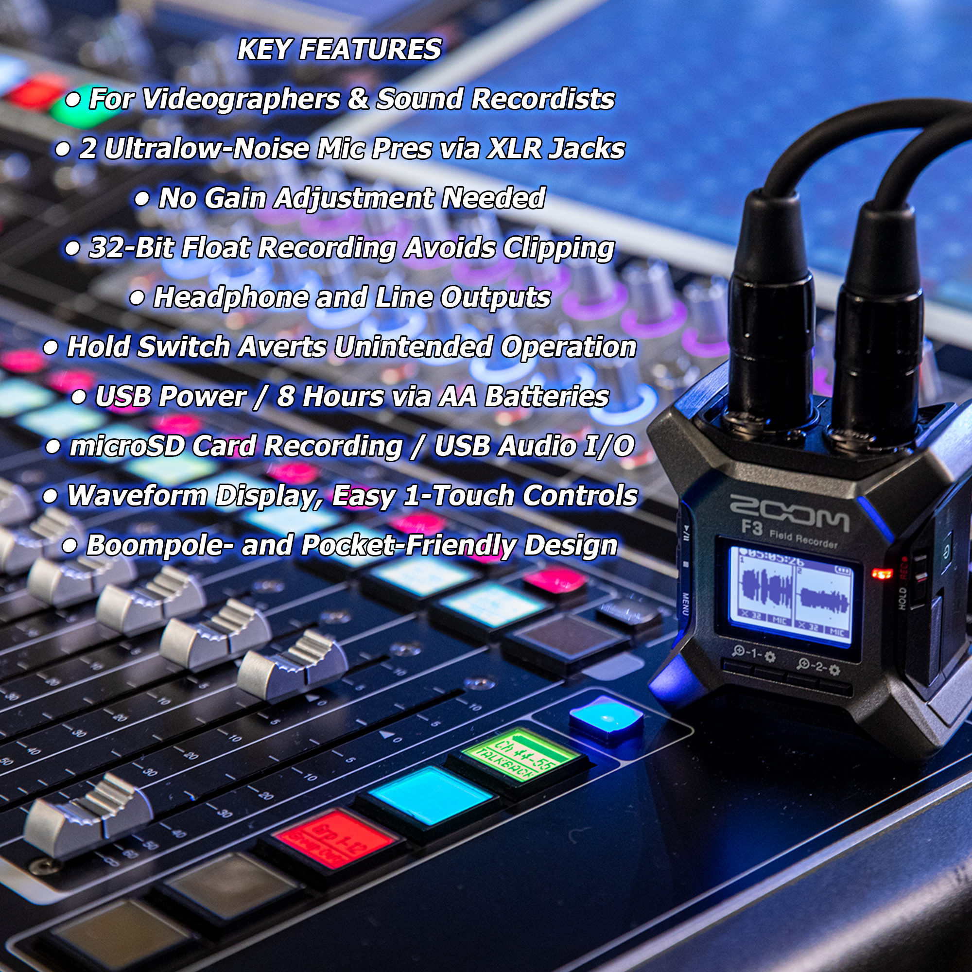 Zoom F3 2-In / 2-Track Portable Field Recorder with 128GB